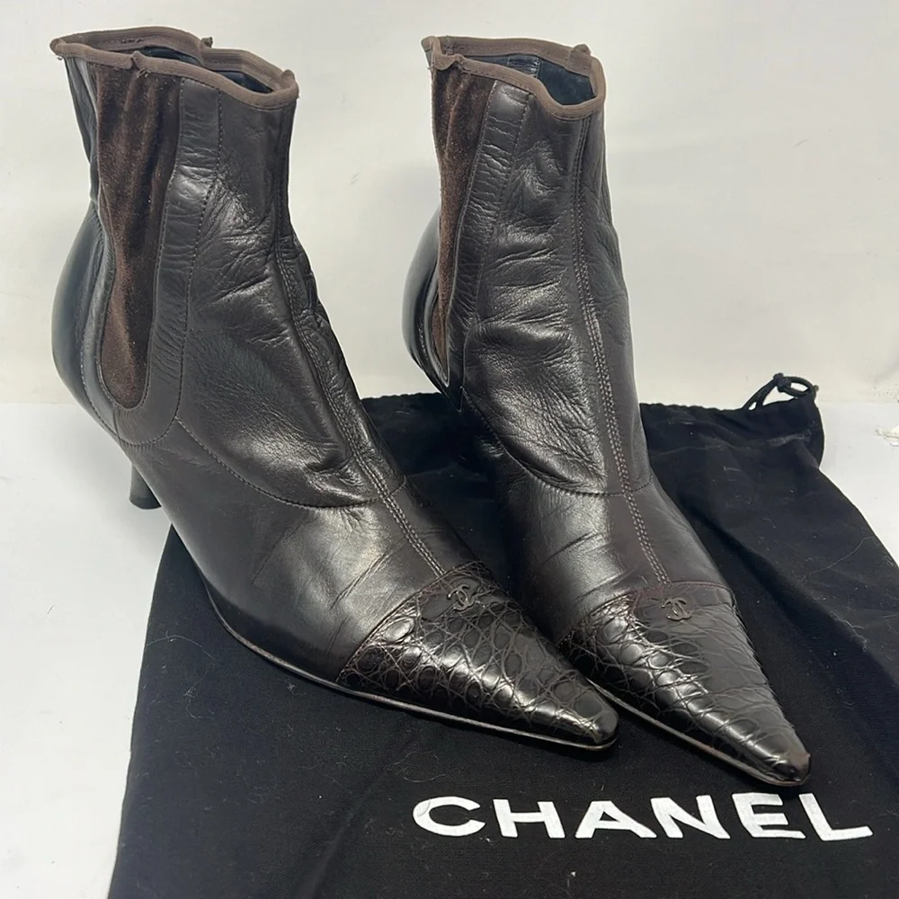 Chanel Sz 8 Brown Leather Croc and Suede Ankle Length Sock Kitten Heel Boots